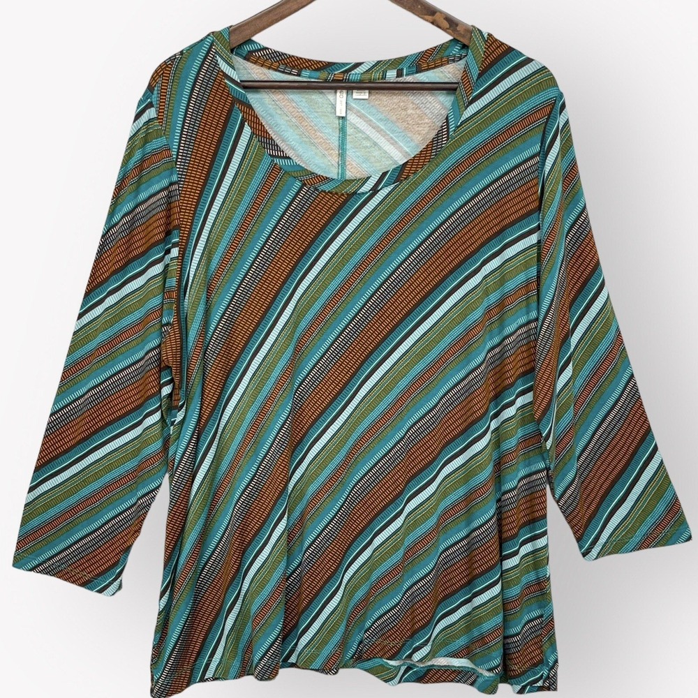 Cato Womens 18/20W Top Teal Rust Orange Striped 3/4 Sleeve Scoop Neck Plus Size
